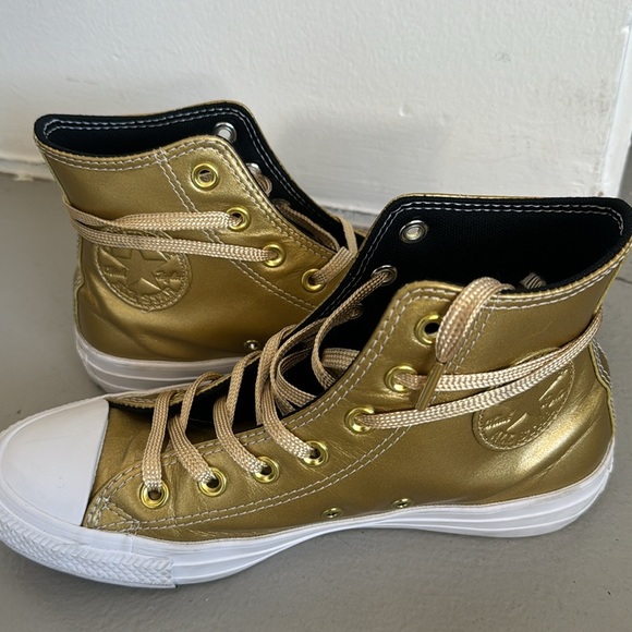 Converse Shoes - Converse Custom Leather High Top Sneaker Women’s 7 Metallic Gold, White